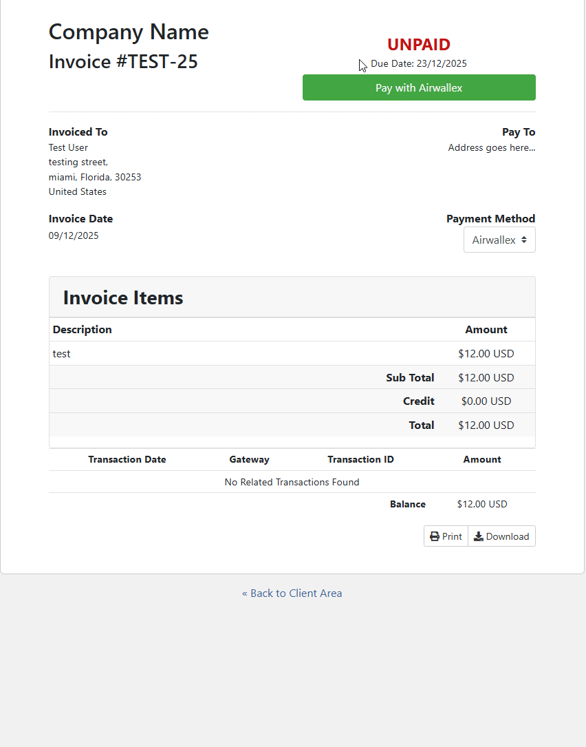 WHMCS invoice payment with Airwallex gateway showing saved payment methods